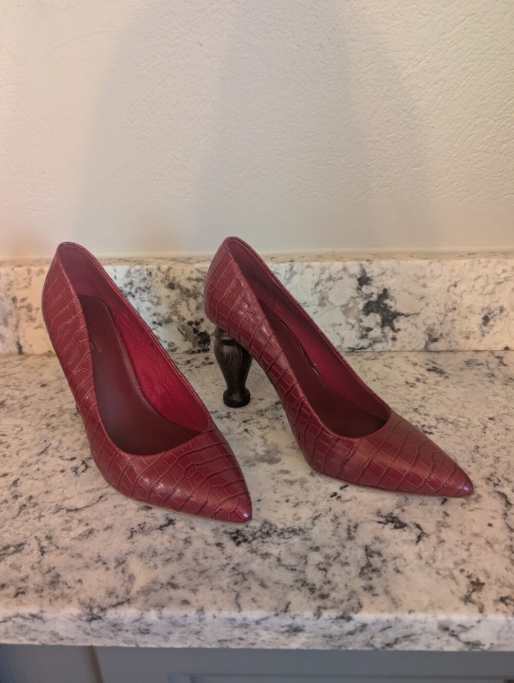 Charlotte Stone Red Croc-Embossed Pointed Toe Pumps